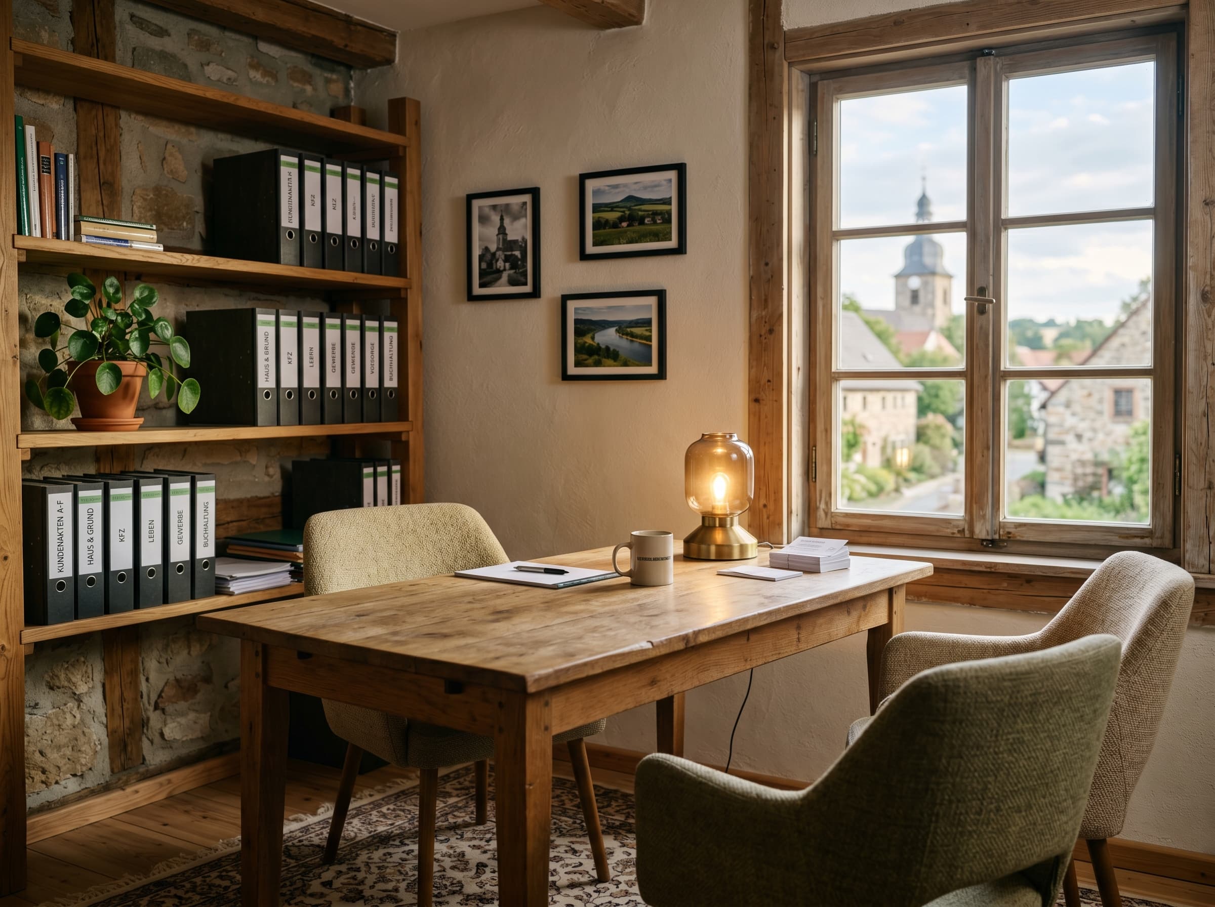 Gemütliche Beratungsecke im Büro von RVM Reppe in Haselbachtal: Holztisch, warmes Licht und Blick auf das Dorf mit Kirchturm