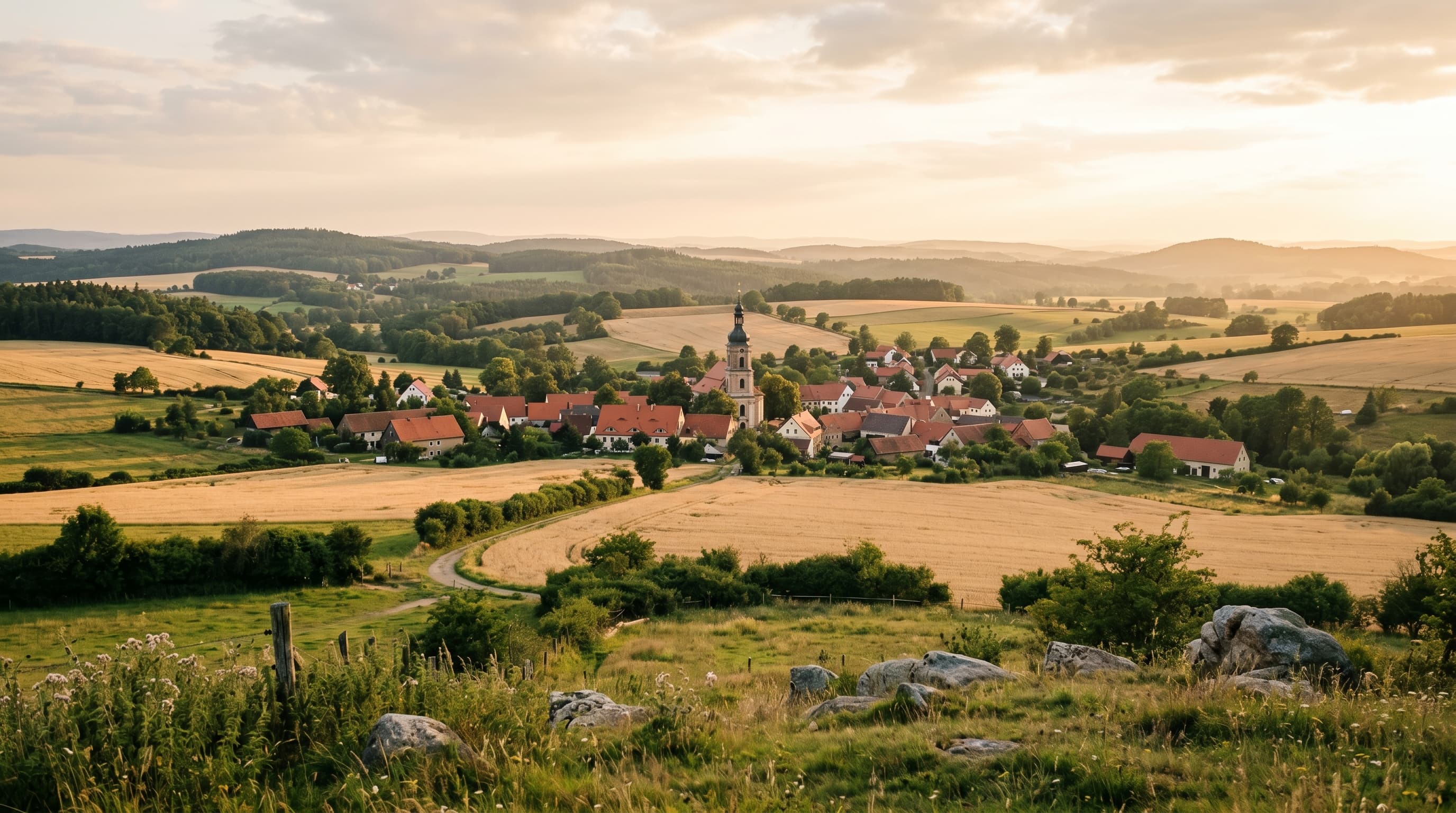 Haselbachtal und Umgebung im Abendlicht – sanfte Hügel, Felder und ein Dorf mit Kirchturm